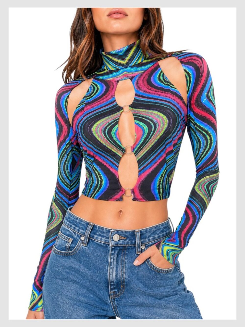 AFRM Maui Cutout Mock Neck Mesh Crop Top Multicolor S